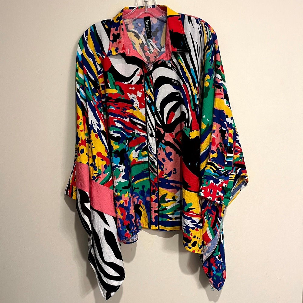 Berek Button Up Shirt Multi Color Abstract Small Artsy Art to Wear Maximalist